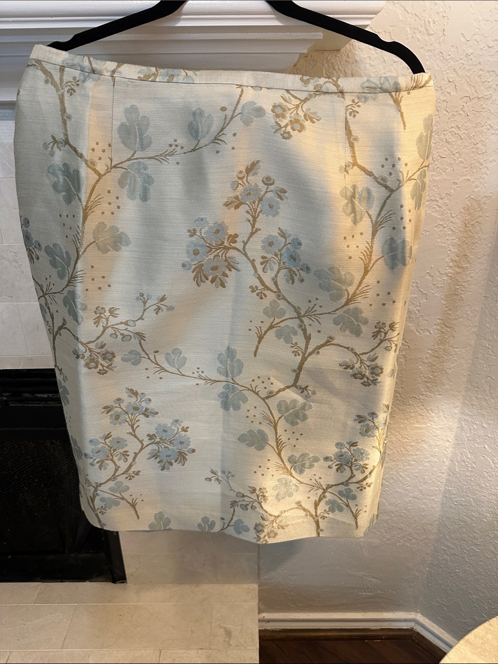 Kay Unger Cream Pencil Skirt with Light Blue Floral Motif